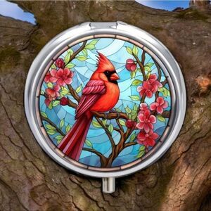 Red Cardinal Bird Pill Box Medicine Mini Stainless Steel Case Mirrored Travel